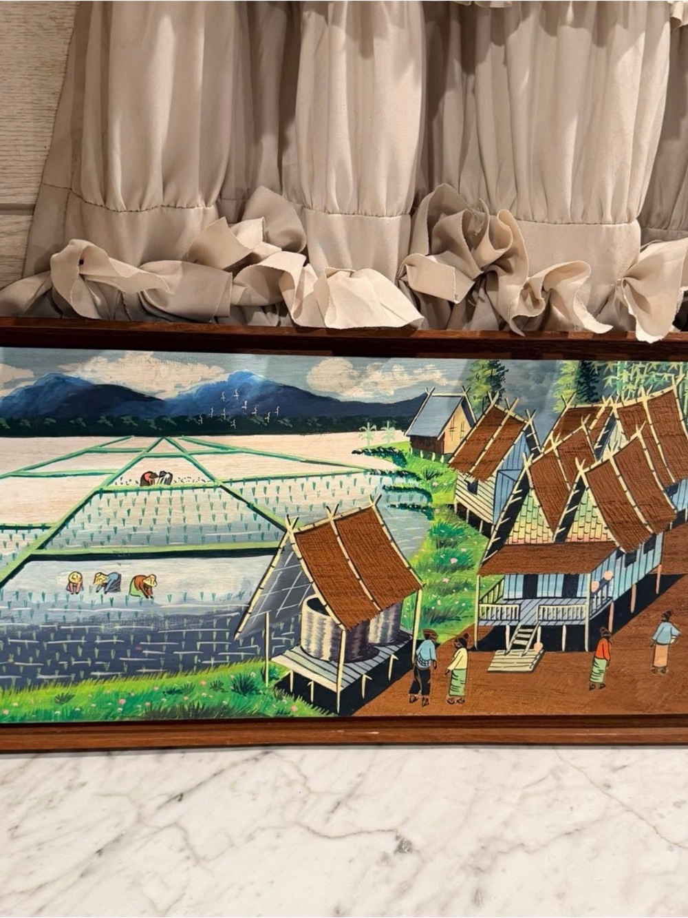 Hand-Painted Village Rice Field Scene Wall Art - Beige, Green, Blue